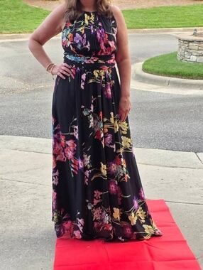 Lauren By Ralph Lauren Black Floral Formal Evening Maxi Dress Wedding Guest Sz12